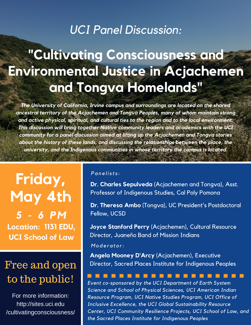 "Cultivating Consciousness and Environmental Justice in Acjachemen and Tongva Homelands" Panel Discussion flyer